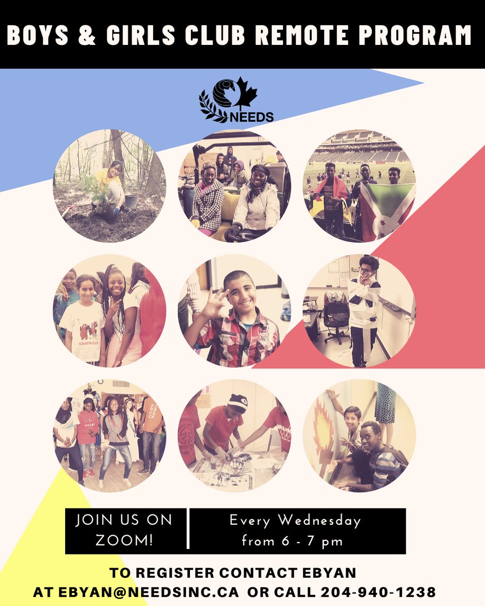 Attention all newcomer youth! NEEDS Centre now offers free #onlineprograms via ZOOM to help you learn new skills, practice your English, and #stayconnected with your peers! Programs run Monday to Thursday from 6 to 7 PM. Check out the poster below for more information!