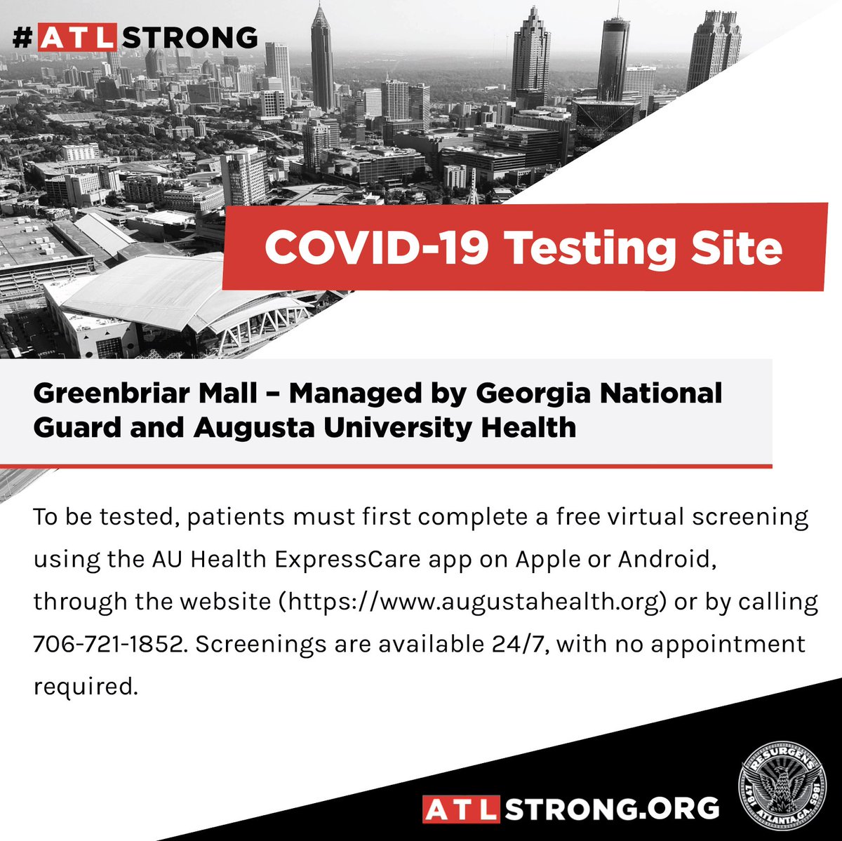 CityofAtlanta's tweet photo. Need to know where to get tested for #COVID19? See the graphics below for Atlanta’s test sites. Visit https://t.co/bR4GczuOS9 or call @ATL311 for more information on site locations and how to register. #ATLStrong https://t.co/rx5jja3KMX
