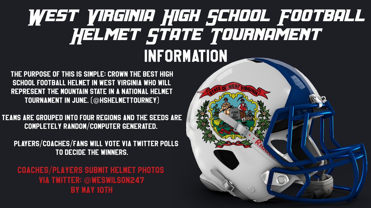WesWilson247's tweet photo. Help me spread the word, #wvprepfb Coaches, Players, Media, and Fans! I’m hosting a WV High School Football Helmet State Tournament! Winner will advance to rep. our state in the national @hshelmettourney! DM me photos of your teams’ helmet by 5/10. Info is attached!🏆🏈 https://t.co/A7jtsCIcdR