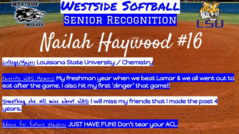Westside_SFTBL's tweet photo. Senior Shoutout to NAILAH HAYWOOD!!

She played varsity softball for all 4 years at 
@westsidehigh

#2020wolfpackhonors #bestofthewest #gowestsidewolves 
@HISDAthletics @haywood_nailah @Ieisha02 https://t.co/k45HCdeXXB