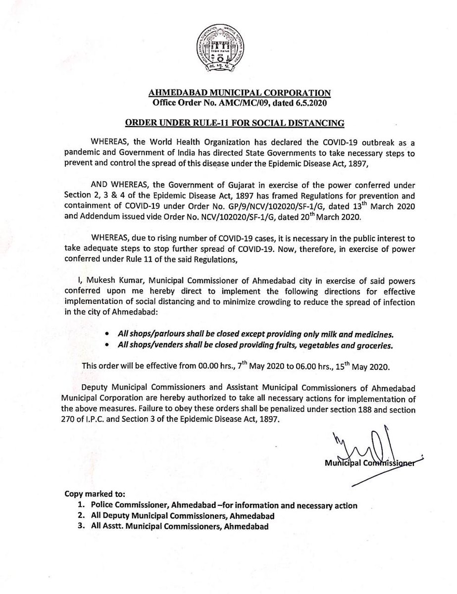 ANI's tweet photo. All shops except those providing milk and medicines in Ahmedabad to remain closed from 12 am on 7th May to 6 am on 15th May: Ahmedabad Municipal Corporation Commissioner #COVID19 #Gujarat https://t.co/ArmMgADBIz