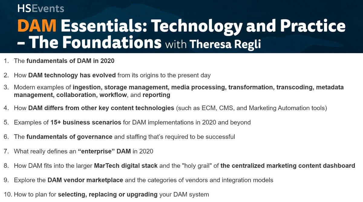 henrystewartdam's tweet photo. The first session of our online series 'DAM Essentials: Technology and Practice - The Foundations' with the world's leading #DAM expert @TheresaRegli starts in one week! Here are our 10 top takeaways you will be able to act on if you sign up... https://t.co/fNyrfbN3JT https://t.co/KZN72mUbva