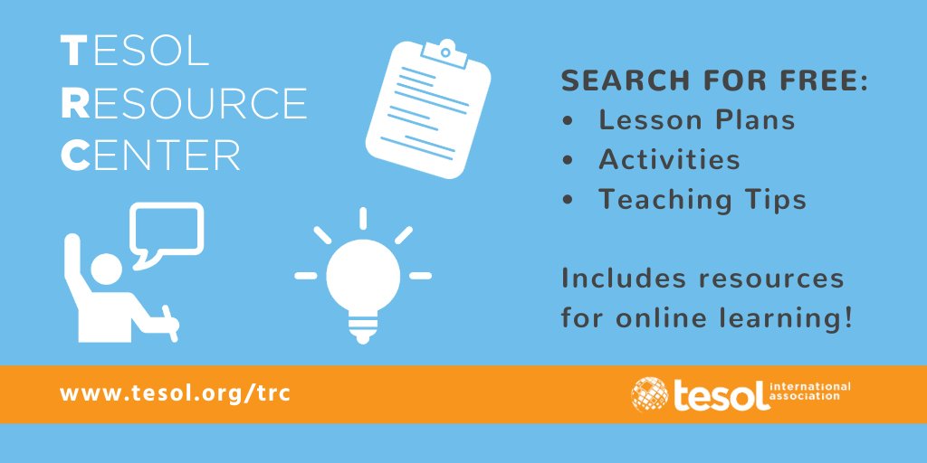 TESOL_Assn's tweet photo. Did you know? TESOL hosts an online Teacher Resource Center with lots of free tips, activities, and lesson plans! Check it out and submit your resources for consideration as well! https://t.co/aX2ITvDRTZ #ThankATeacher #TESOL #TESOLtrc #TESOLresources https://t.co/j3GLfIbYo8