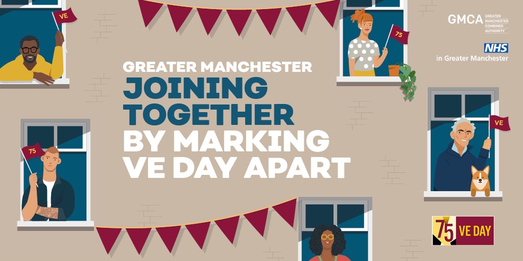 SalfordICP's tweet photo. People across Greater Manchester will be celebrating #VEDay75 on Friday.
We all need to #StayHomeSaveLives by marking VE Day apart. 

You can find a range of ways to still get involved in #VEDay75 here 👇 
https://t.co/csiMzDHstr 

#StayAtHomeGM @greatermcr https://t.co/oKfMk502qZ