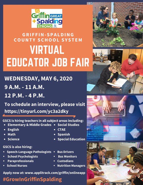 GriffinSpalding's tweet photo. Have you seen our @GriffinSpalding educators show ❤️ for their school in the #DontRushChallenge video 👉 https://t.co/UDhmrjvSw9 🎉 The GSCS Virtual Educator Job Fair is today from 9-11 am and 12-4 pm! To view jobs, visit https://t.co/UzIlIgsQ5H https://t.co/vZMVtpMzNw