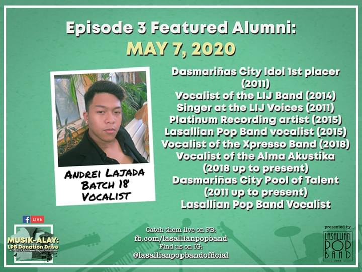 lpb_dlsud's tweet photo. Alumni Check!!

Catch us live tomorrow at 6 PM for the Lasallian Pop Band: Musik-Alay together with our Alumni on our Facebook page 🎶

Animo La Salle, and Godbless!

#LPBMusikAlay
#VIVAPerformingArtsGroup
#OneLasallePH
#HealAsOne https://t.co/dG5Fzhnk37