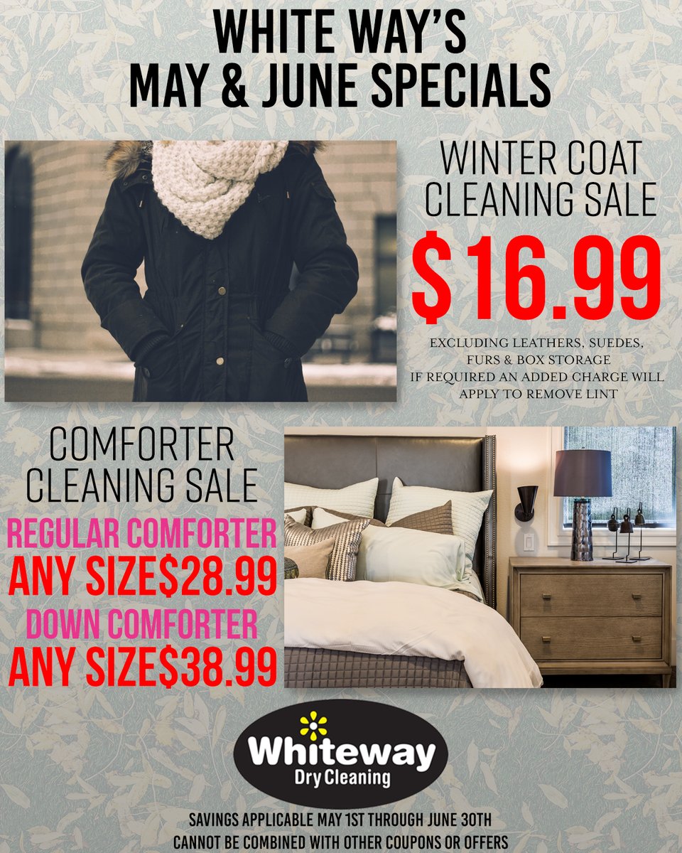 WhiteWayCleans's tweet photo. It’s the perfect time to get those winter coats and comforters cleaned! We’ve got great savings on both now through the end of June! https://t.co/EfNXtz8ETK