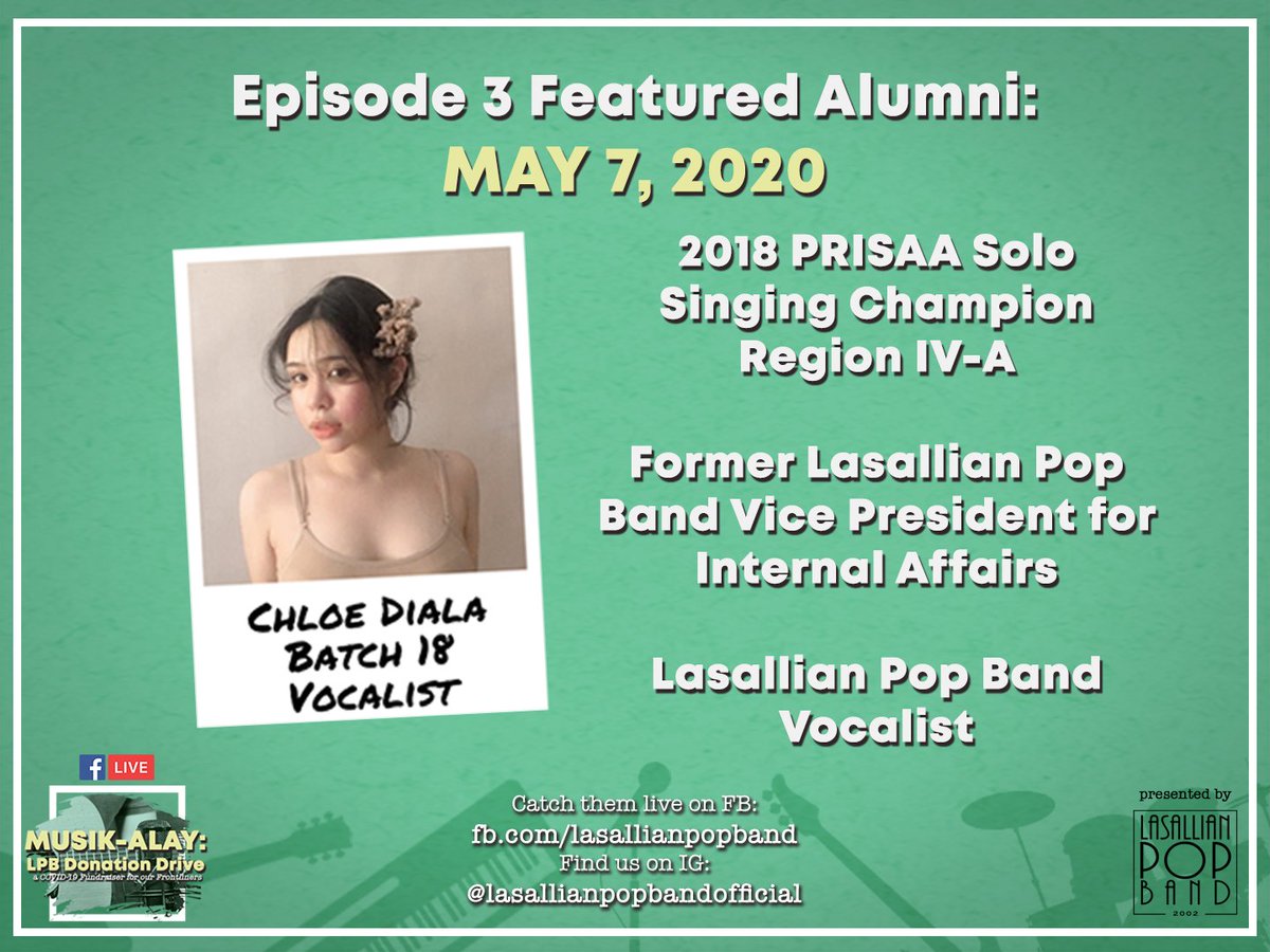 lpb_dlsud's tweet photo. Alumni Check pt.2!!

Catch us live tomorrow at 6 PM for the Lasallian Pop Band: Musik-Alay together with our Alumni on our Facebook page 🎶

Animo La Salle, and God bless!

#LPBMusikAlay
#VIVAPerformingArtsGroup
#OneLasallePH
#HealAsOne https://t.co/6YLkAe1giw