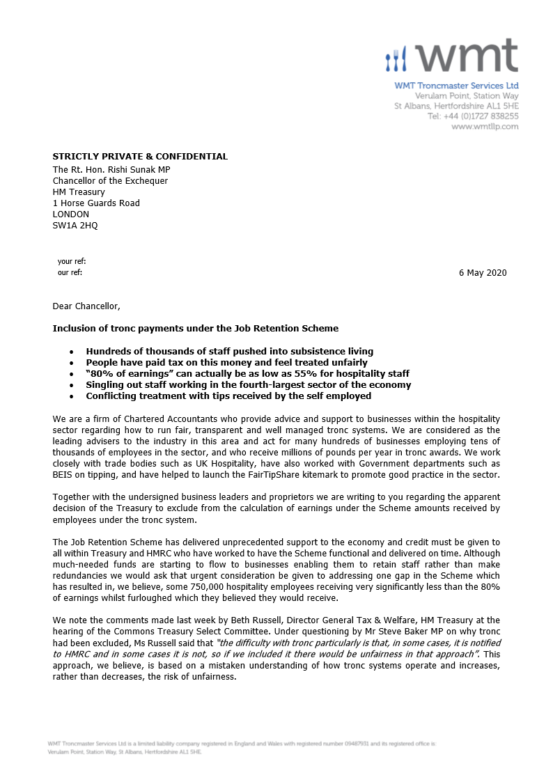 peterdavies4371's tweet photo. Today I, along with over 50 other co-signatories, have written to the Chancellor regarding the apparent decision to exclude tronc from the Job Retention Scheme. This unfair decision is based on a mistaken premise and should be corrected now to avoid financial hardship for many. https://t.co/xIPFbxhIBY