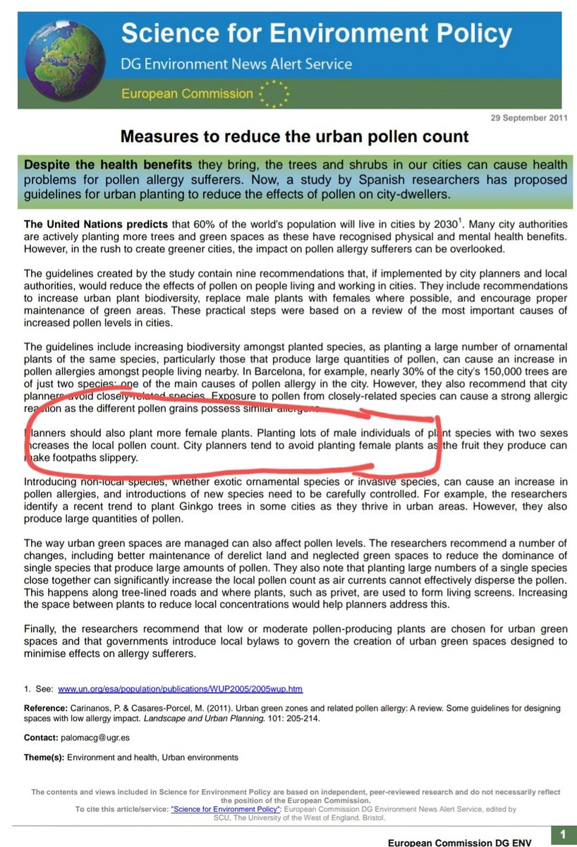 Here's another article from.the European commission which states in the circled paragraph about how planners should plant more female trees because only male trees are usually planted