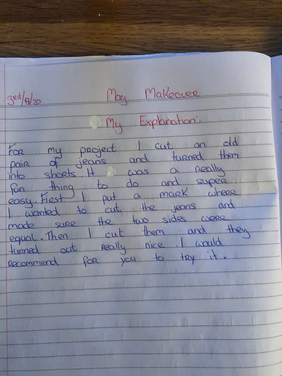 NanoNagleCol's tweet photo. Ellie took great care during her makeover project and explained how she had to ensure both sides were equal before cutting, and how much she enjoyed the project. May be the start of many upcycling projects Ellie 😉#Makeovermay2020 #homeeconomics @ATHE_HomeEc https://t.co/zPqAAKxroo