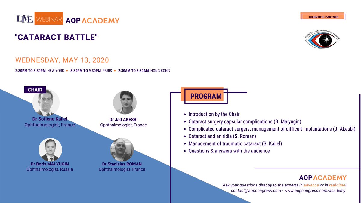 aopcongress's tweet photo. Join us next Wednesday May 13th at 8:30PM for a cataract battle! Capsular complications, difficult implatations, traumatic cataracts, our experts will tackle all these topics and more! Register here: https://t.co/pjBxW7jMoL https://t.co/ciiJRUy3Xm