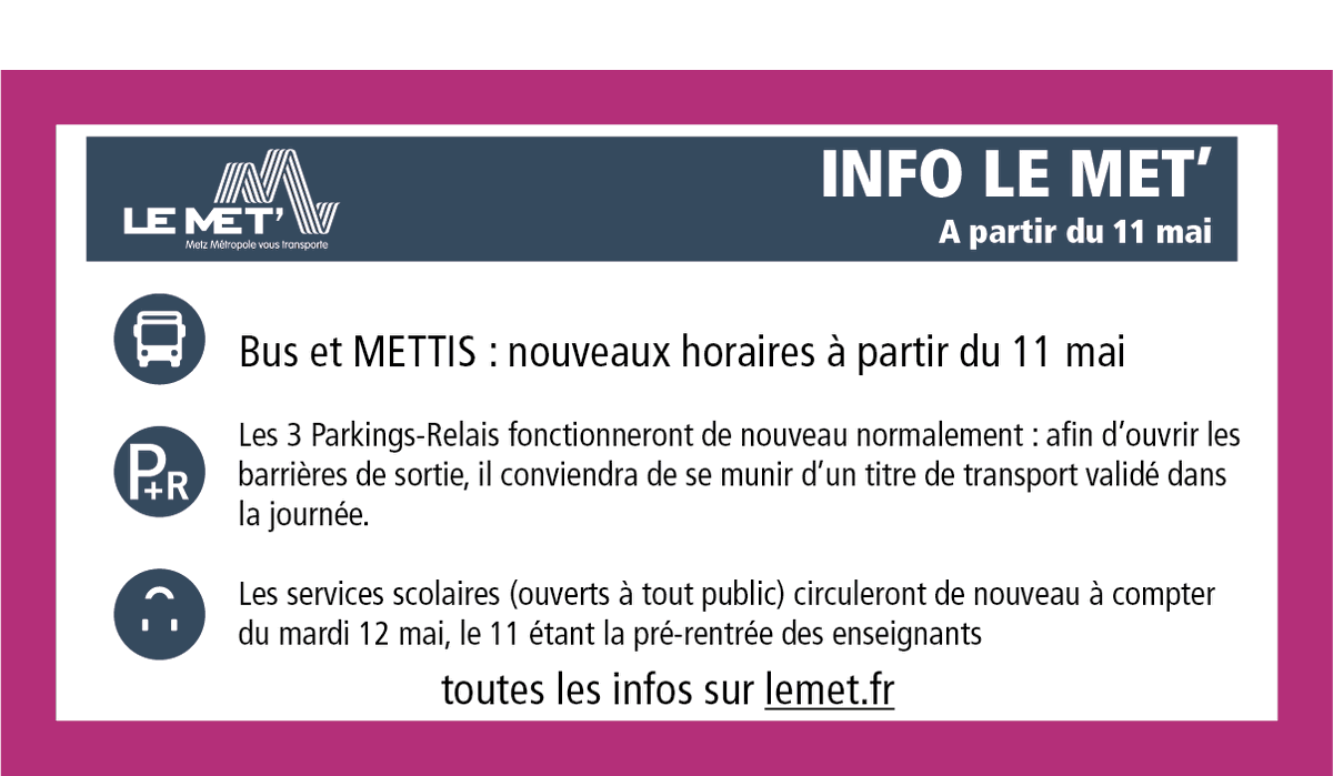 LEMET57's tweet photo. 📣 Plus de fréquence pour les bus LE MET�� à partir du 11 mai 🚌/ Réouverture de l'Espace Mobilité 🛒/ Service de location VELOMET'🚲...
➡️Toutes les infos : https://t.co/LsJuxbL9RC
#infoLEMET #infotrafic #lemet #Metz #bus #METTIS https://t.co/nx2wbchqBv