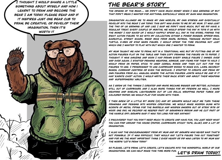 BearinkComics's tweet photo. A little story from the Bear! Please take a moment to read. It may help you to create and draw during these uncertain times.
#letsdrawtoday #BearInkComics #art #digitalart #digitalartist #isolation #draw #create #becreative #learn https://t.co/Gy3Gdn5Iud