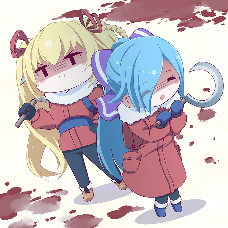 2girls multiple girls blonde hair long hair blue gloves red coat twintails  illustration images