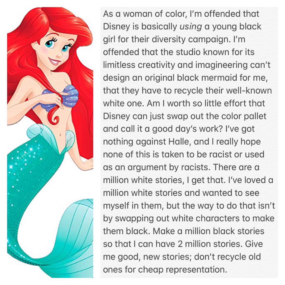 KinglyFirefly's tweet photo. A black woman explains why people of color should reject Disney’s fake diversity. #NotMyAriel https://t.co/bpJM2YC0kp