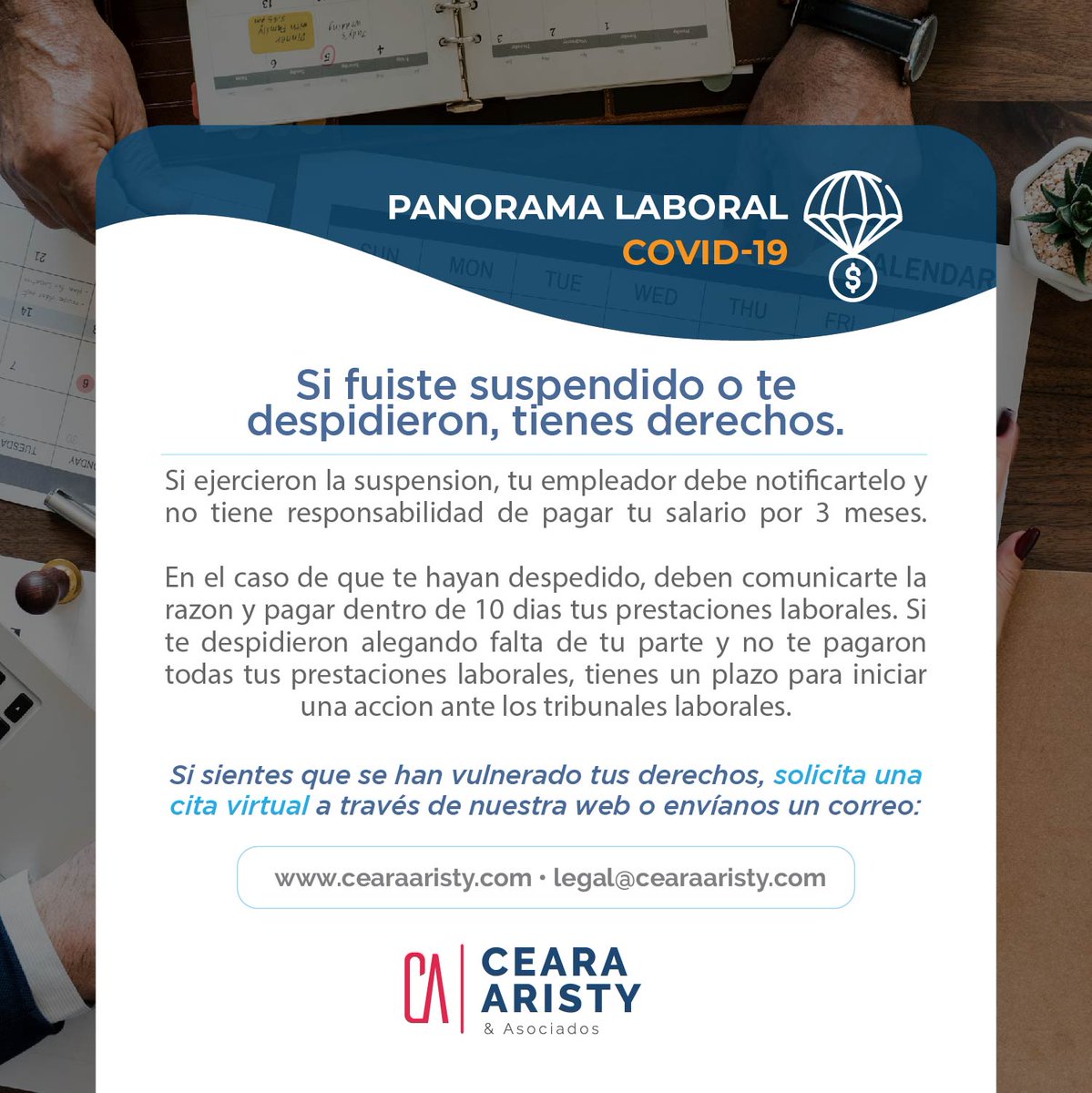 aristy_ceara's tweet photo. Conoce tu derechos como empleado en caso de suspensión o despido. Si sientes que se han vulnerado tus derechos, solicita una cita virtual a través de nuestra web o envíanos un correo 🌐📩 #StaySafe #Covid19 #EmpleadosRD #Empresas #RRHH #Stayhome #Coronavirus #PanoramaLegalRD https://t.co/KP7vz3kXHr