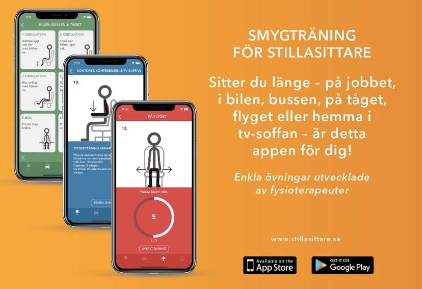 Många jobbar hemifrån och rusar mellan zoom/teams/skypemöte utan att röra en fena. Pandemin peppade oss att omvandla boken Smygträning för stillasittare till app. Släpps i dag Länk till appstore: 
apps.apple.com/se/app/smygtr%…
