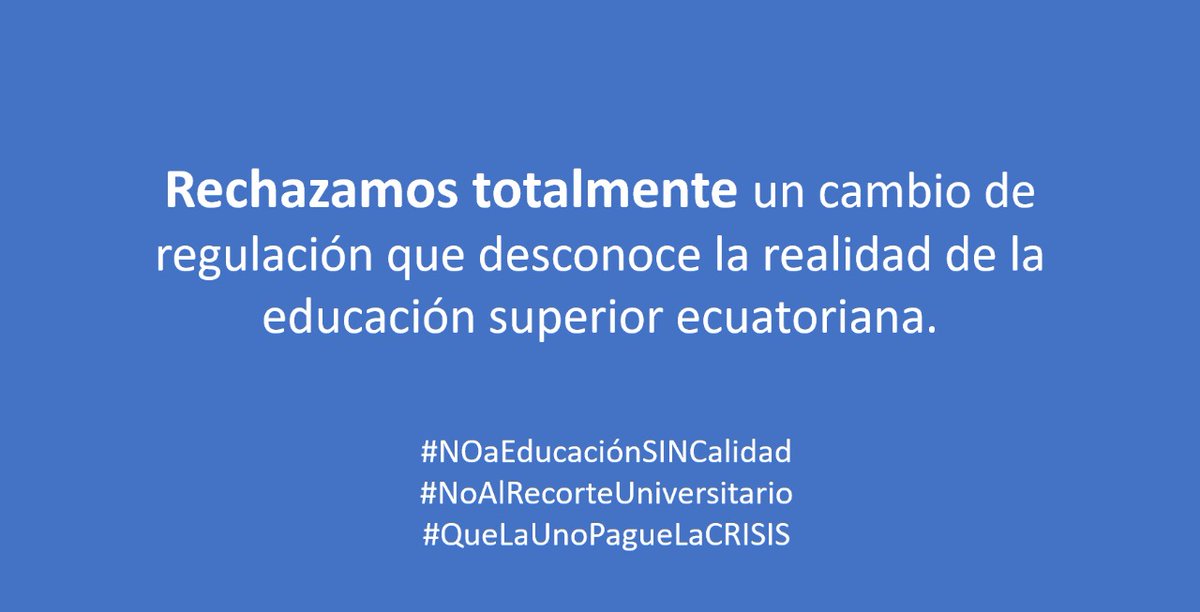 Lo que pretende aprobar <a href="/ces_ec/">CES</a> conduce a educación superior sin calidad, despedir profesores, cerrar carreras, eliminar Investigación seria #NOaEducacionSINCalidad #NoAlRecorteUniversitario #QuelaUnopaguelaCRISIS @carmitaalvarez1 @lenin <a href="/ottosonnenh/">Otto Sonnenholzner</a> <a href="/RichardM_A/">Richard Martínez</a> <a href="/agustinalbanm/">Agustín Albán</a>
