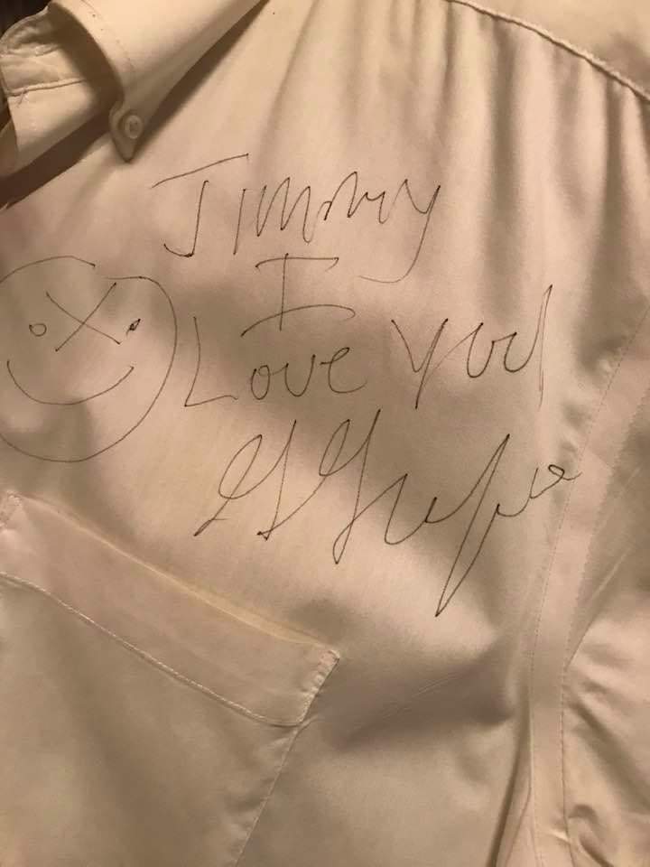 MrsMcSullivan's tweet photo. That time when my Dad met @greggutfeld and he signed his shirt! @vmccuekids https://t.co/iB1aLsZQJ5
