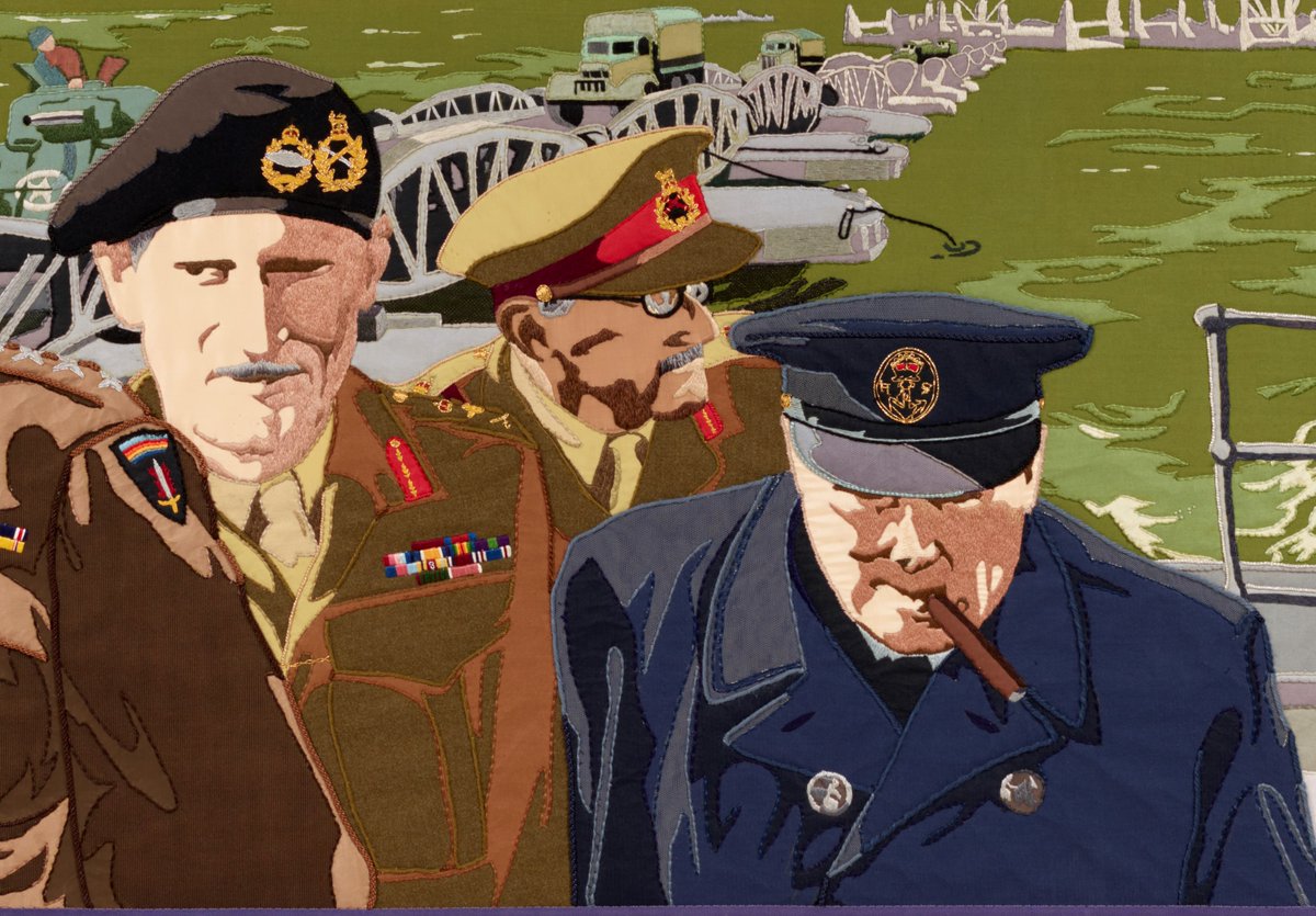 TheDDayStory's tweet photo. These medal ribbons belong to General Montgomery, who was in charge of land forces on D-Day. Land forces are people and equipment fighting on land. Here he is next to Prime Minister Winston Churchill #hantsdaysin #museumathome #overlordembroidery #indigo #rainbowsofhope https://t.co/MOS6OzblWF