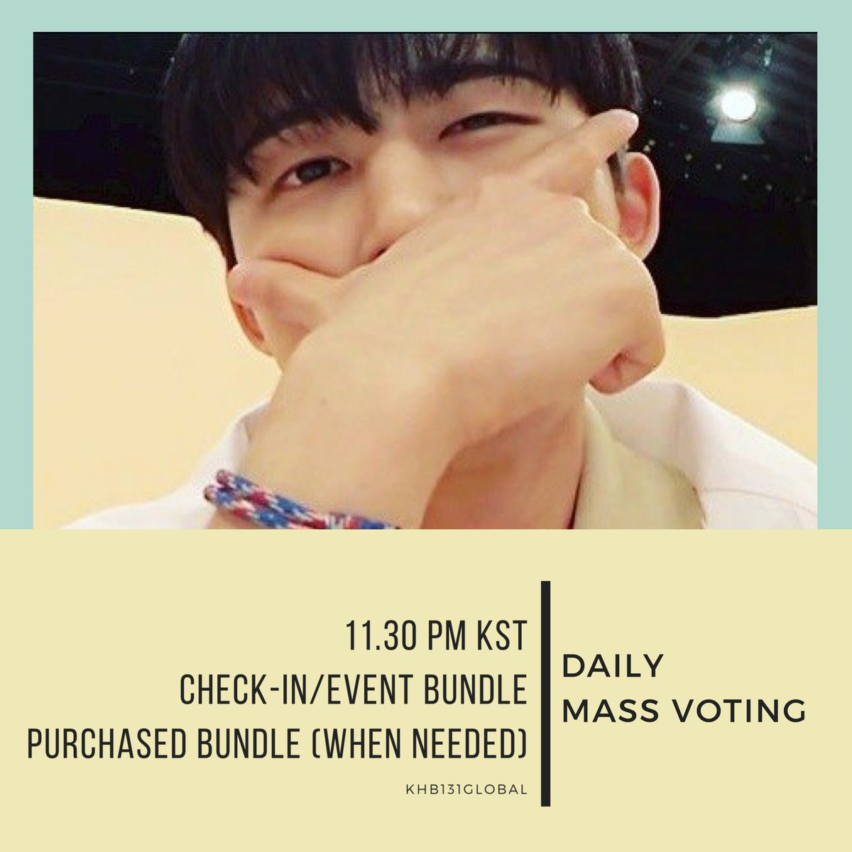 khb131_Global's tweet photo. MASS VOTING STARTS NOW!!!
✔️ Check-in Bundle
✔️ 1 purchased Bundle
Please be alert with our announcement
Link : https://t.co/HWX6k8ZF5s
#AddictedToHanbin https://t.co/yPXzTb0XAW