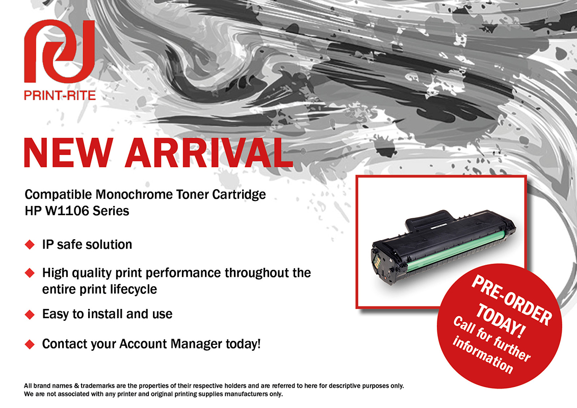 Print_Rite_EU's tweet photo. New Arrival - Compatible Monochrome Toner Cartridge HP W1106 Series

For use in: HP W1106A BK - HP Laser 107w/107a/HP Laser MFP 135a/137fnw

To pre-order or for further information: sales@printrite-eu.com +44 (0) 1773 761 246
#sales #savethenhs #stayhomesafe #printingsolutions https://t.co/LMWhf3HOgb