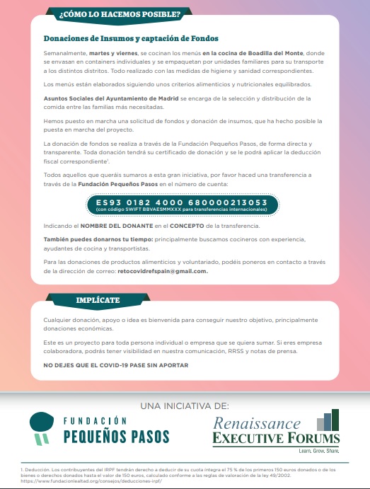 Compartimos una GRAN iniciativa de @ForumsMadison <a href="/fundacionpequep/">Fundación Pequeños Pasos</a> para ayudar a #familias madrileñas.  "Cocinamos y donamos unas 20 raciones por unidad familiar 2 veces/semana", nos cuentan. Podemos ayudar donando 👇 o realizando voluntariado💚