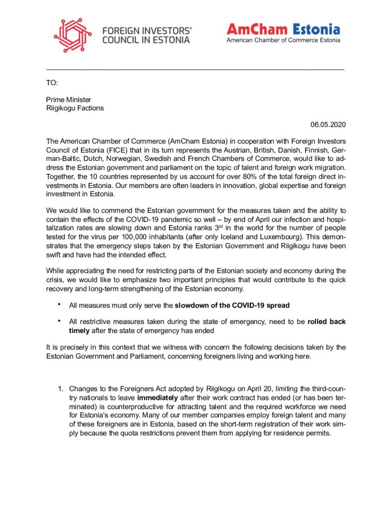 fice_ee's tweet photo. Today, @fice_ee together with the @AmchamEstonia Talent & Education Committee, sent an official letter to Prime Minister @ratasjuri & @Riigikogu Factions on the topic of #talent and #foreignwork #migration :
https://t.co/zUw1Pc1Mej https://t.co/kBjrjWKXrd