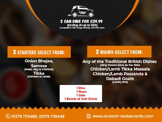 Anwars Express set meals 1.

Stay safe, stay tuned. Anwar's always by your side.

#indiantakeaway #indianfood_lovers #indianrestaurant #foodporn #whiteroding #dunmow #higheaster #Anwars #Anwarsrestaurant #Theheath #chelmsfordroad #hatfieldheath #essex #unitedkingdom #limpid