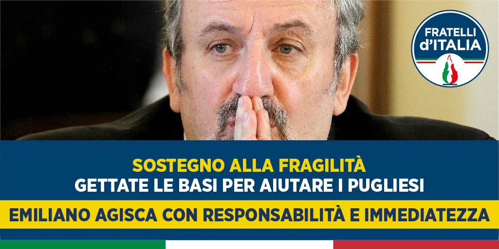 Gruppo Fratelli d'Italia - Regione Puglia (@gruppofdipuglia) on Twitter photo Sostegno alla fragilità: “Gettate le basi per aiutare concretamente i pugliesi, <a href="/micheleemiliano/">Michele Emiliano</a> adesso agisca con responsabilità e immediatezza” =>bit.ly/SostegnoFragil… Sostegno alla fragilità: “Gettate le basi per aiutare concretamente i pugliesi, <a href="/micheleemiliano/">Michele Emiliano</a> adesso agisca con responsabilità e immediatezza” =>bit.ly/SostegnoFragil…