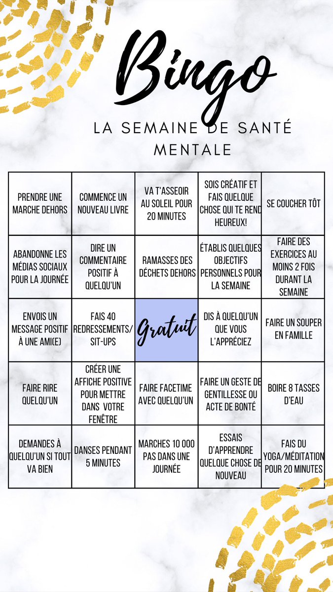 ESCLESSOR's tweet photo. Dans le cadre de la semaine de la santé mentale, on lance le défi au personnel, parents et élèves de compléter le bingo cette semaine. Si vous vous sentez à l'aise,  partagez-nous des photos de vous en action! https://t.co/GMk2mg3yps
