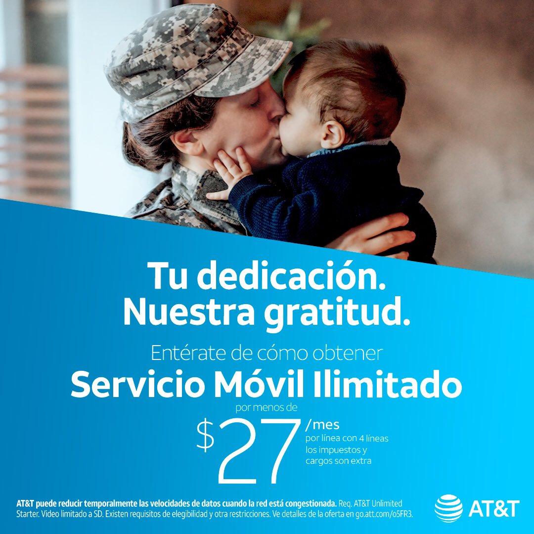Nos enorgullece ofrecer ahorros exclusivos a militares, quienes trabajan en servicios de emergencia y a sus familias. Visítanos y entérate de cómo obtener AT&amp;T Unlimited Starter por menos de $27/mes por línea con 4 líneas! #ATiYATi #EstamosATuLado #ATTConexión