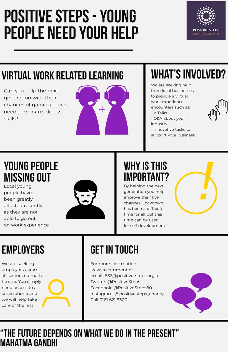 PositiveSteps's tweet photo. ***Calling all local businesses*** We are seeking your support in providing Virtual Work Experience and other Employer related learning. Let's all use lockdown and beyond for self improvement. Drop us a line to get involved and RT 🗣️ #virtualworkexperience #Vtalks #sectorinsight https://t.co/K484qtsBMB