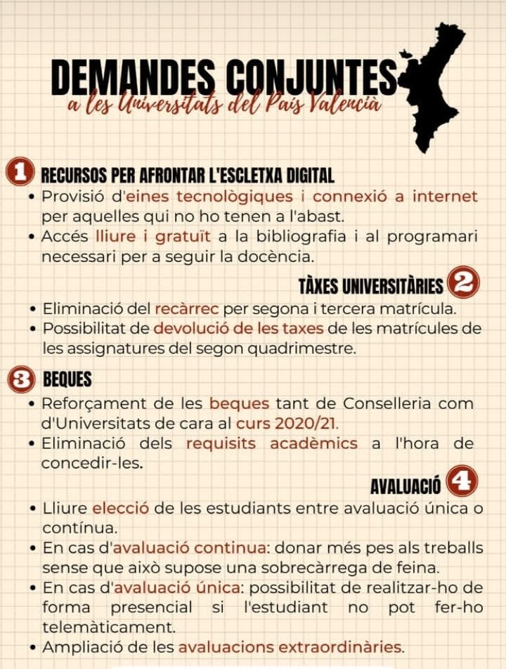 🔴#CrisiEducativaPV🔴

✊Unim-nos i organitzem-nos per assolir aquestes demandes!

▶️ Recursos per afrontar l'escletxa digital
▶️ Ajustar i replantejar les taxes a la situació actual
▶️ Reforçar el sistema de beques
▶️ Lliure elecció entre avaluació única o contínua