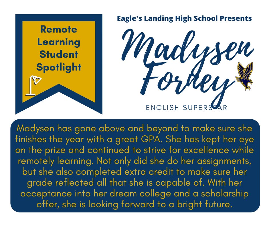 ELHS_HCS's tweet image. Our next Remote Learning Student Spotlight is another SENIOR! Madysen Forney is an English Superstar for Ms. Collier! Congratulations Madysen! @DrKeshaJones1 @KindraTukes @drwilliams08 #ELHSRemoteLearningSpotlight #RemoteLearninginHenry  #studentsintherace