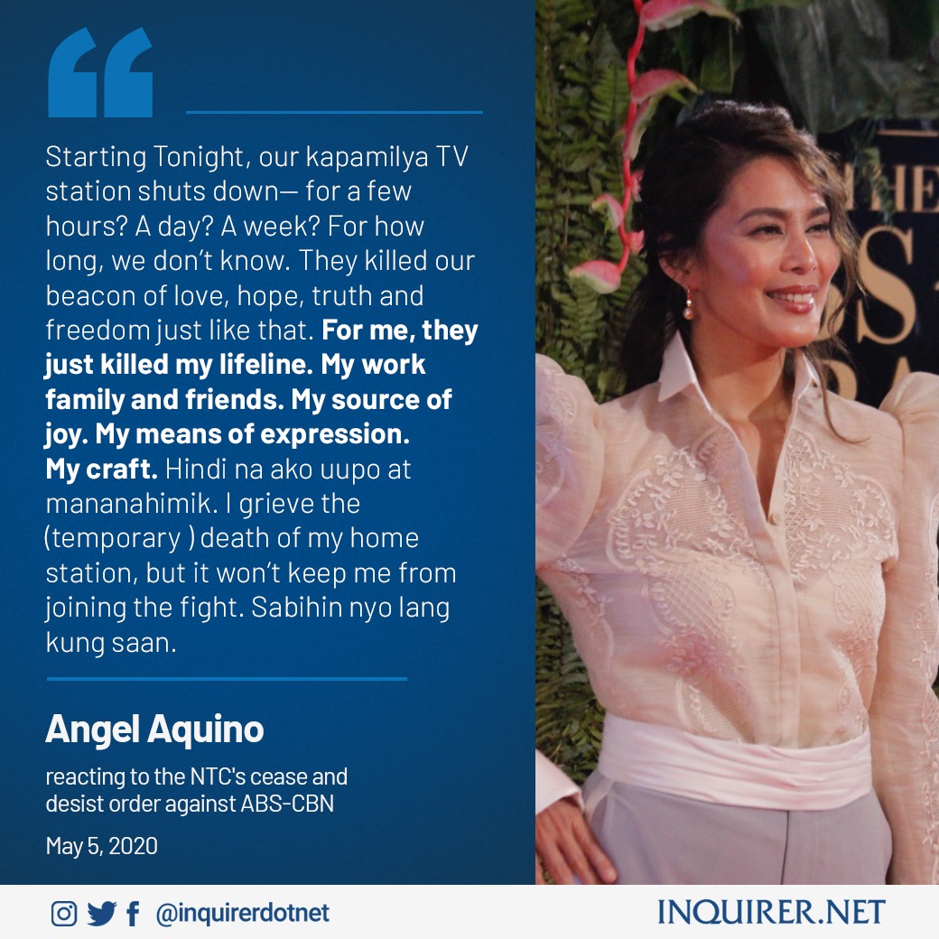 inquirerdotnet's tweet photo. Actress Angel Aquino shared words of defiance on her Instagram account following the National Telecommunications Commission’s (NTC) cease and desist order to broadcast network giant ABS-CBN. https://t.co/wiKMokfCiF