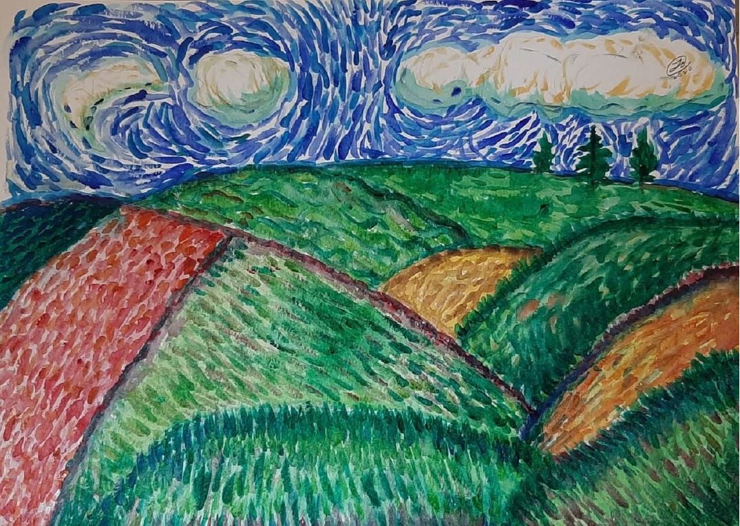 KingsmeadAc's tweet photo. Can you guess who inspired this fantastic piece of art by Rohan in Year 7? #ArtistOnTwitter #landscapepainting #proudteachers https://t.co/RVMSqffoIM