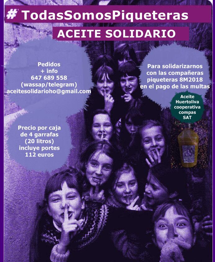 SororitatO's tweet photo. Todo nuestro apoyo a las compañeras piqueteras juzgadas en la huelga feminista 2018. Siguen recaudando dinero para pagar una multa abusiva. Podéis colaborar comprando este aceite de oliva solidario de cooperativa.
#yotambienfuipiquetera
#todassomospiqueteras https://t.co/D27CMmp282
