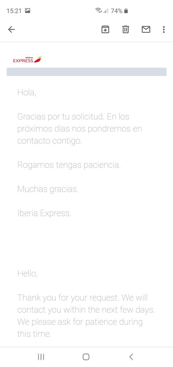 Rellené ese formulario en cuanto cancelaron los vuelos y la respuesta automática recibida el 24 de marzo @iberiaexpress_help fue que contactarian conmigo y que tuviese paciencia. Waiting