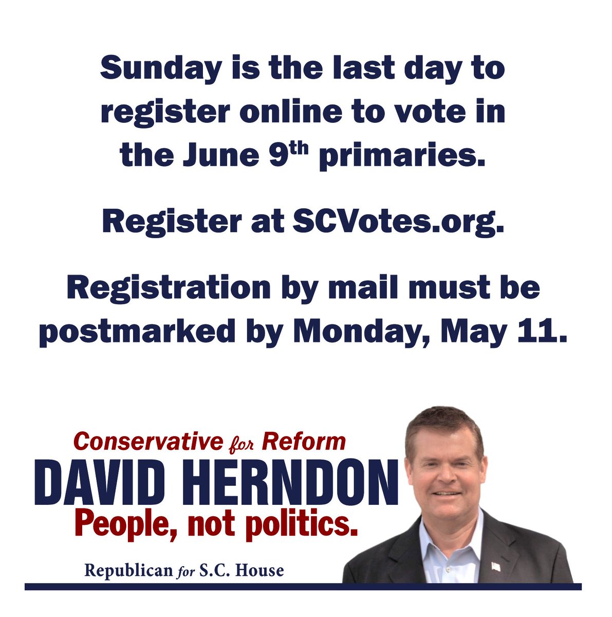 Sunday is the last day to register online to vote in 
the June 9th primaries. Here's a link scvotes.org/south-carolina…
Registration by mail must be postmarked by Monday, May 11.