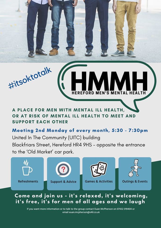 HfdCityCouncil's tweet image. The Hereford Men’s Mental Health Group (HMMH) are having a virtual zoom meeting on Monday 11th May, a place for men with mental ill health, or at risk of mental illness, to talk and support each other.

Contact Euan McPherson for more information at euan.mcpherson@s4il.co.uk