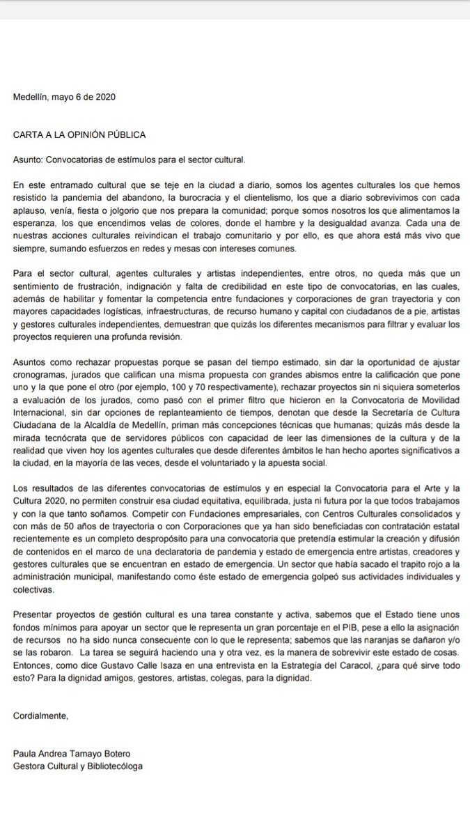 PaulaBotero's tweet photo. @Danielsuarezvoz @AlcaldiadeMed @LinaGaviriaH @BaldomeroPessoa @AlvaroArtD De acuerdo con vos. Hay que continuar sumando voces de indignación https://t.co/VWrvl4mHhB