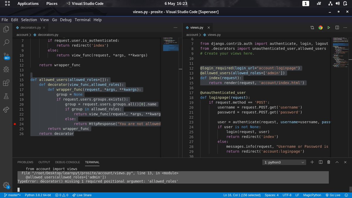 kaybrian4's tweet image. Day 21: it was really fun finding an error with decorators in #Django3.0 but the same code worked perfectly with #Django2.2, i am still confused as it why it didnt work with Verison 3.0.
anyone to help me. 
#PythonProgramming #Django #100DaysOfCode