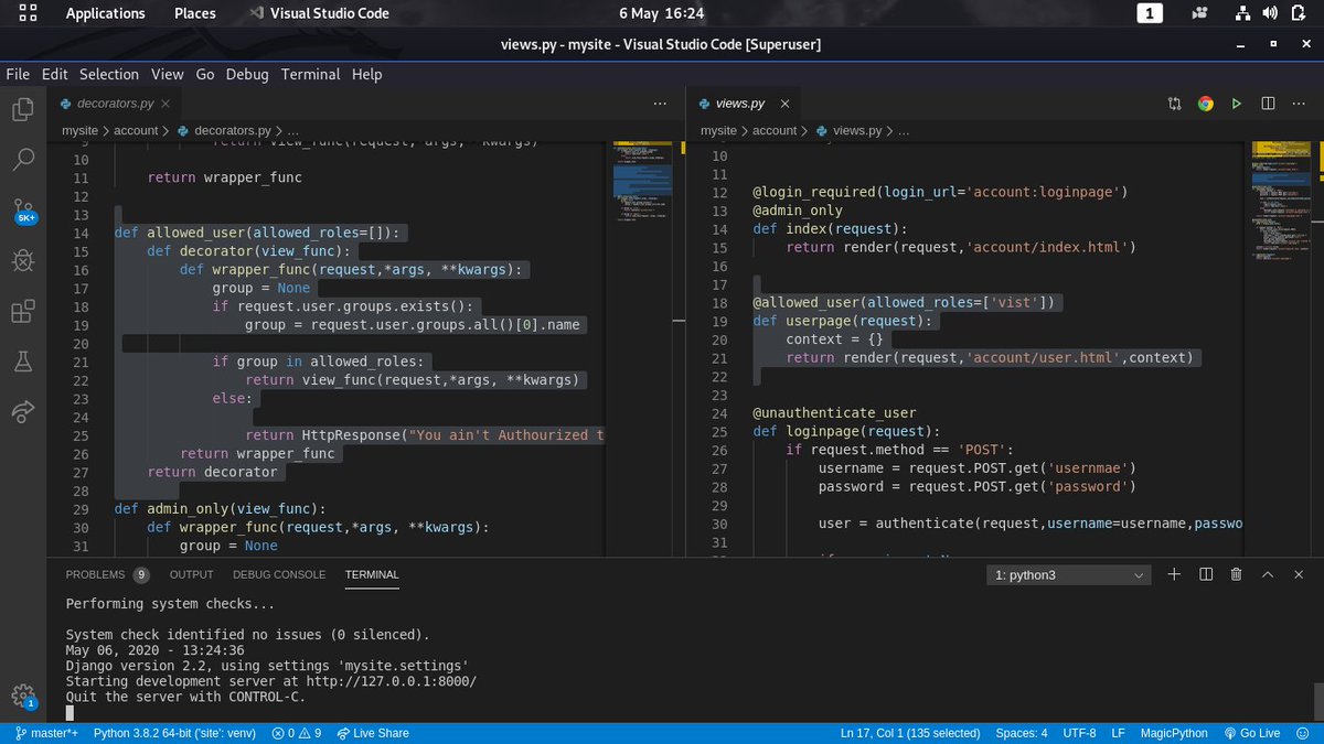 kaybrian4's tweet image. Day 21: it was really fun finding an error with decorators in #Django3.0 but the same code worked perfectly with #Django2.2, i am still confused as it why it didnt work with Verison 3.0.
anyone to help me. 
#PythonProgramming #Django #100DaysOfCode
