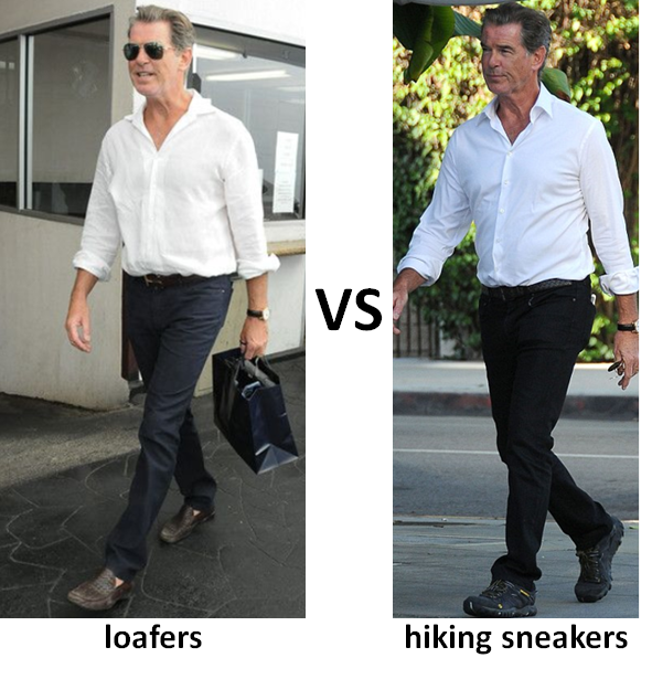 See the shoes Brosnan is wearing on the right?

Hybrid hiking style sneakers.

I see a lot of older guys wearing these with their casual wear. 

You can do better. 

Leave those sneakers for real hikes.
