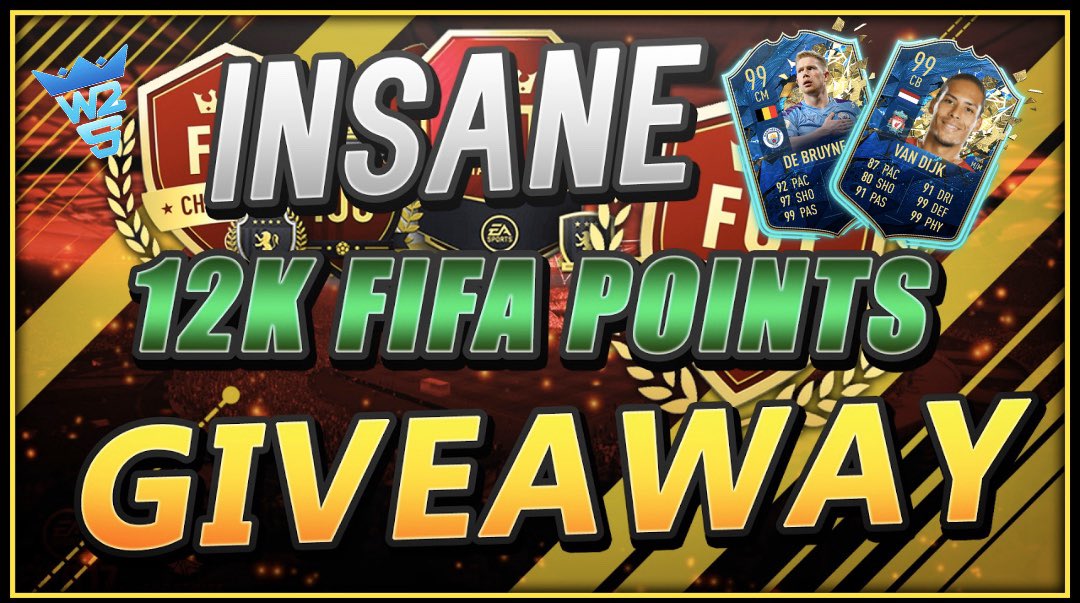 TyyFIFA's tweet photo. 12K FIFA POINT GIVEAWAY! 

IF @WROETOSHAW GETS ME VAN DIJK OR DE BRUYNE IN MY PL TOP 100 PACKS OR RED PICKS I WILL GIVEAWAY 12K FIFA POINTS! IF NOT IT WILL BE 6K! 💰

RT, FOLLOW @TyyFIFA AND SUBSCRIBE TO MY YOUTUBE CHANNEL!  👉🏽 https://t.co/PRqC1Qmqca 👈🏽

WINNER ANNOUNCED FRIDAY! https://t.co/8GnPUXi16q