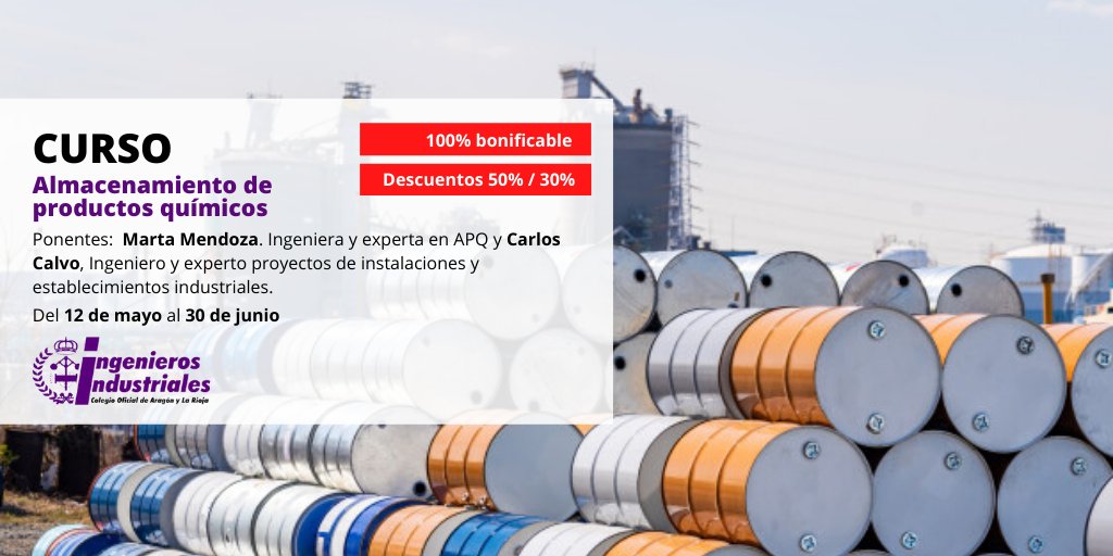📢¡Más #cursos!
👉 Almacenamiento de productos químicos

📲 bit.ly/2SHlyn9
👨‍🏫👩‍🏫 <a href="/Marta_MendozaB/">Marta Mendoza (en casa)</a> y Carlos Calvo
🗓️ 12/may-30/jun

¡Descuentos #YoMeQuedoEnCasa!
👉50% si eres colegiados o alumnos de nuestros cursos
👉30% si es la 1ª vez que haces un curso nuestro