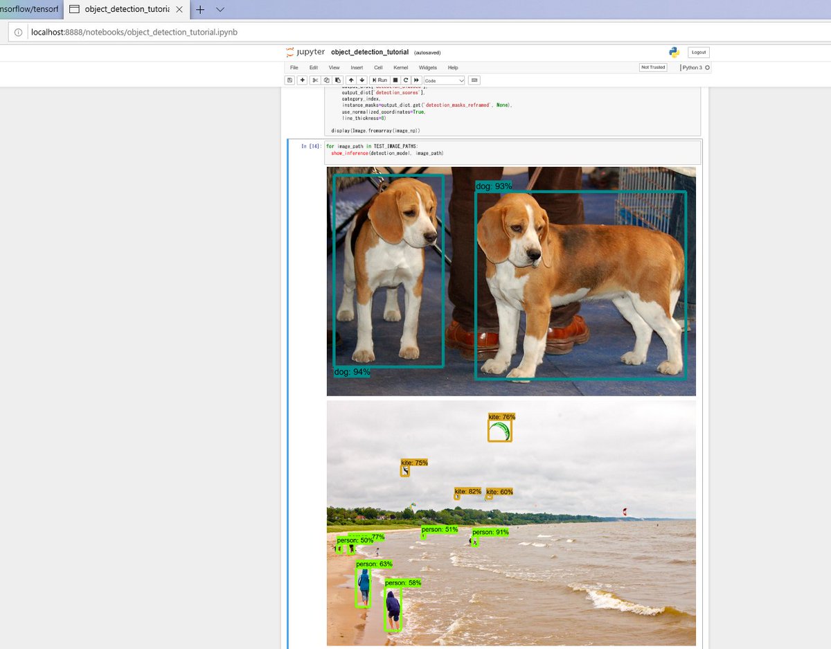 pass810's tweet photo. #AI ?の勉強。新パソコンで #tensorflow のサンプルを試してみました。#GPU でかなり速くなります😊。こちらも最初に本家?のHPを確認するべきだったと思います。また、#pycocotools のインストールで少し悩みました😅。少しWARNINGが気になりますが、少しずつ勉強したいなぁと思います😅? https://t.co/RXjyGjnsRX