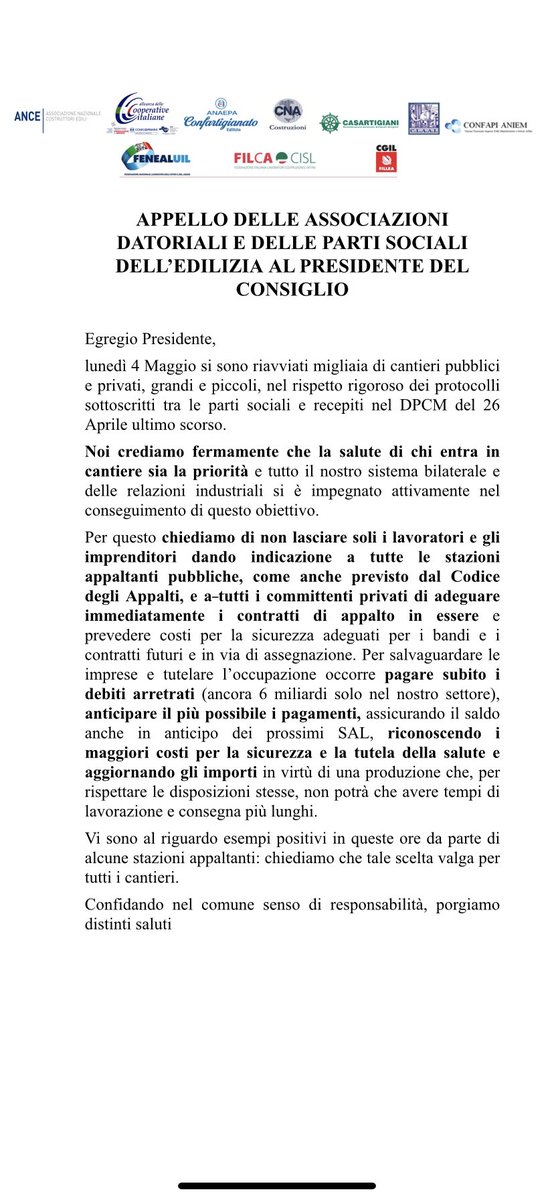 AnceComo's tweet photo. APPELLO ASSOCIAZIONI DATORIALI E PARTI SOCIALI DELL’EDILIZIA AL PRESIDENTE DEL CONSIGLIO
#ancecomo #ancenazionale #appello
@ancenazionale https://t.co/PH5ymhApLJ